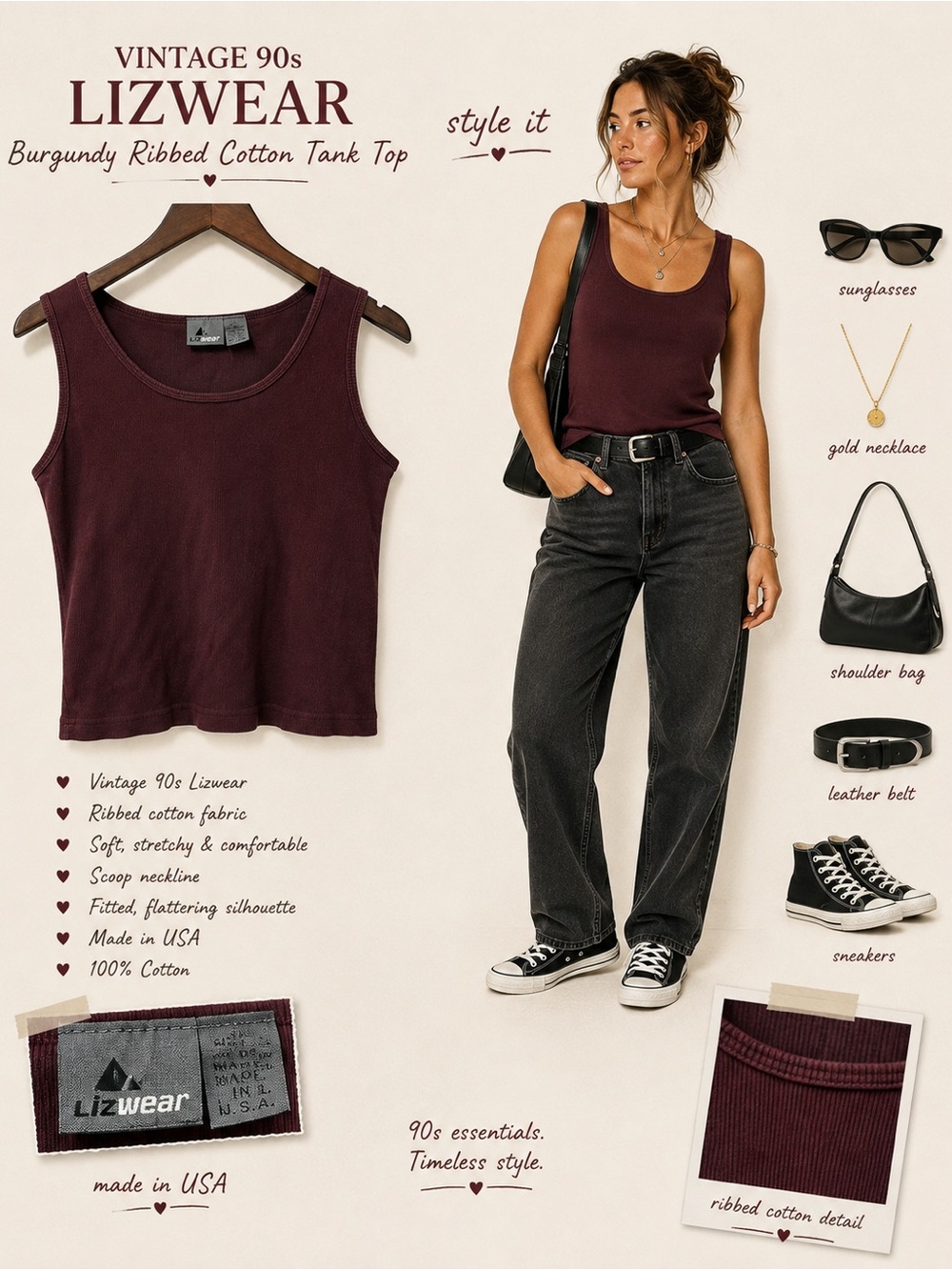 Vintage 90s Lizwear Burgundy Ribbed Cotton Tank Top Made in USA